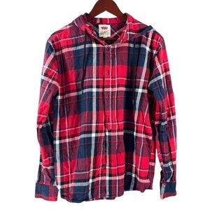 Levi's Flannel Shacket Women's Size M Red/Blue Plaid Hood Long Sleeve Button Up